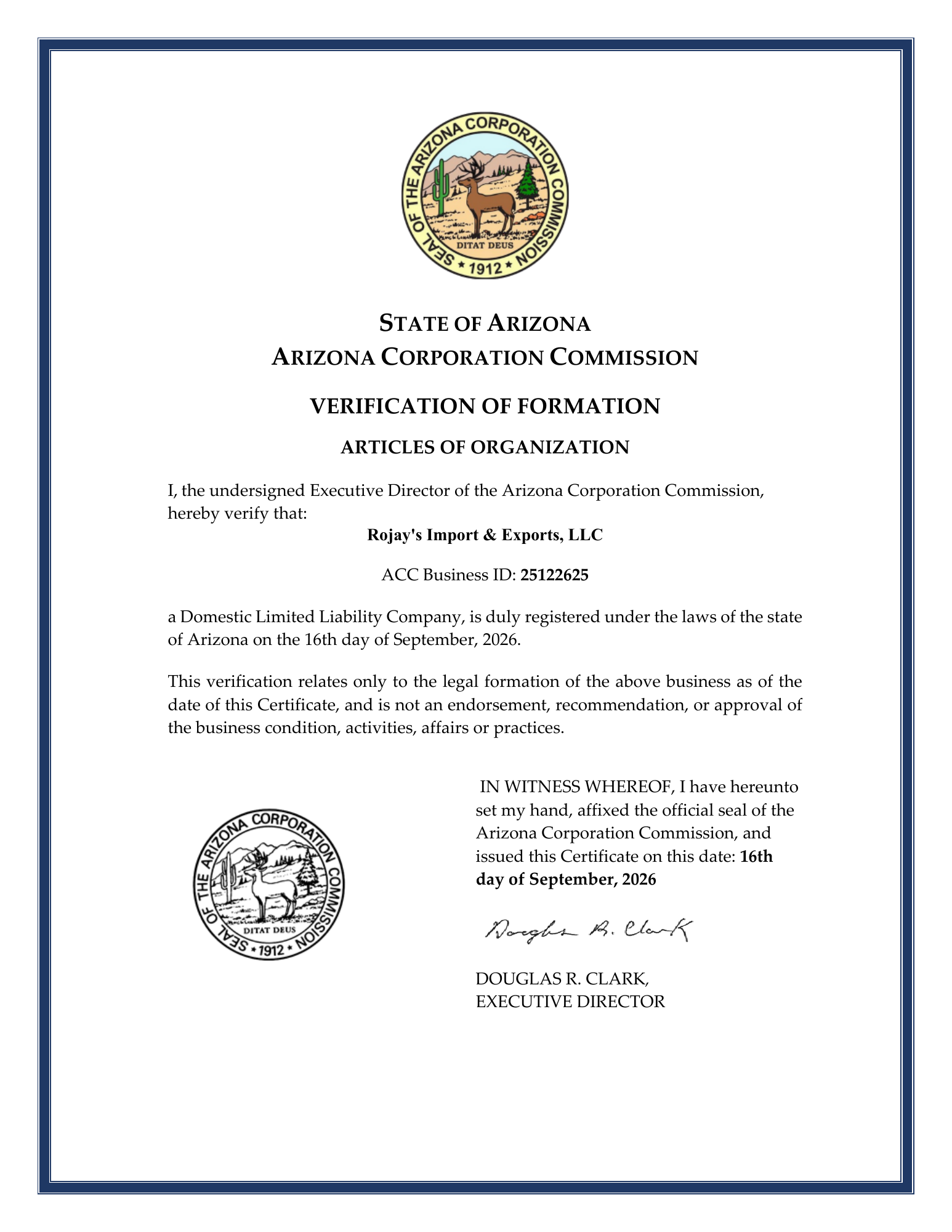 Arizona Corporation Commission Verification of Formation for Rojay's Import & Exports, LLC, business ID 25122625, dated September 16, 2026